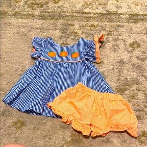 Classic Whimsy Toddler Girl Pumpkin Blue and Orange Gingham Set 2T